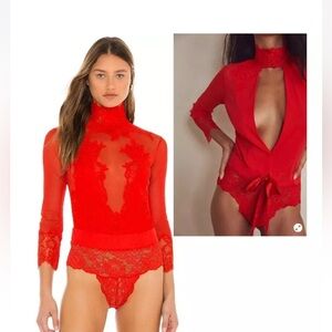 HAH Free People Take HAH Bow Reversible Red Lace  Bodysuit res size small